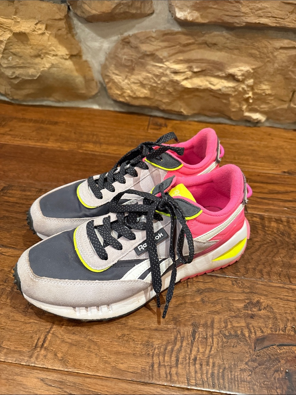 Reebok Women's Gray, Pink & Neon Yellow Athletic Sneakers